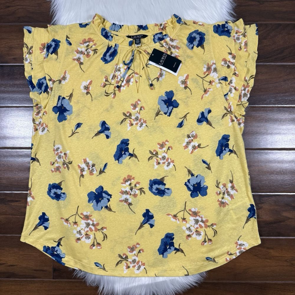 Lauren Ralph Lauren Women's‎ Size 2X Yellow Floral Linen Bld Jersey Tie Neck Top